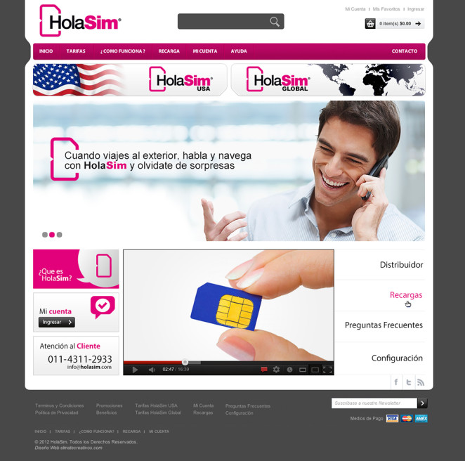 Diseño y Desarrollo de Sitio Web basado en ecommerce Magento (tienda online) para para servicio móvil prepago para utilizar cuando viajas al exterior. Puedes visitar el site en http://www.holasim.com/ (Argentina)
