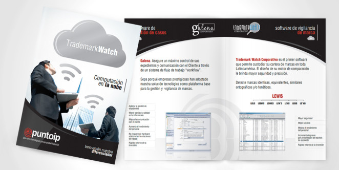 Diseño de folleto explicativo de servicios de software de vigilancia de marcas y gestión de casos. (Venezuela)