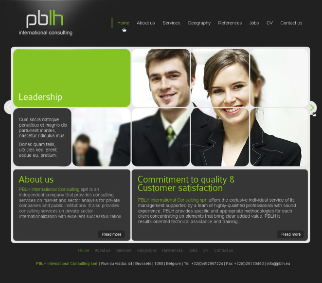Web site design for company dedicated to offers the exclusive individual service of its management supported by a team of highly-qualified professionals with sound experience. PBLH provides specific and appropriate methodologies for each client concentrating on elements that bring clear added value. PBLH is results-oriented technical assistance and training. (Bélgica)