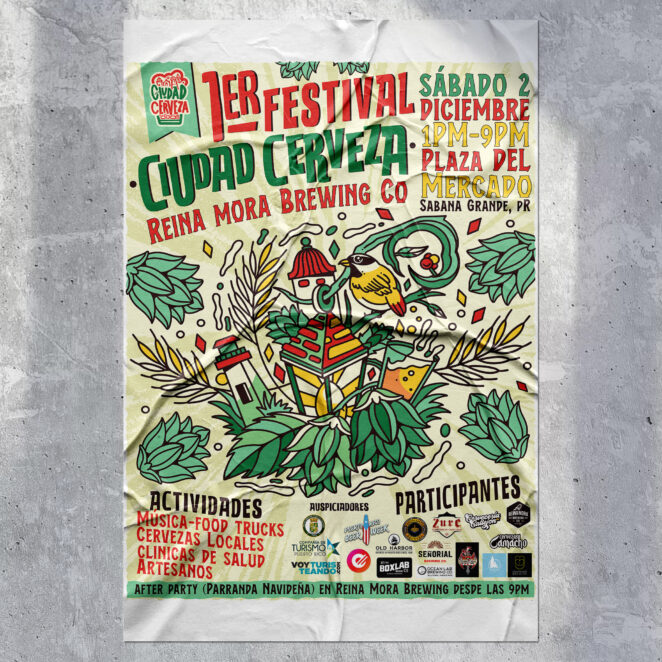 Diseño de afiche poster para el craft beer fest ciudad cerveza que se desarrollará en Puerto Rico en el med de Diciembre, organizado por @reinamorabrewing