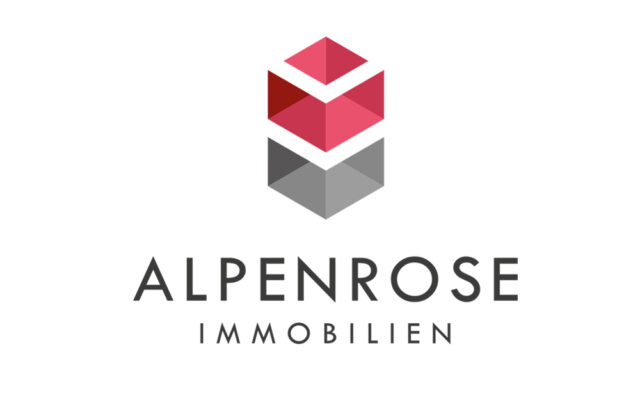 Diseño de logo para Alpenrose (rosa de los Alpes) Inmobiliaria ubicada en Suiza. Uniendo la rosa que caracteriza la zona con planos estructuras de paredes se crea el isotipo que identifica a la marca.